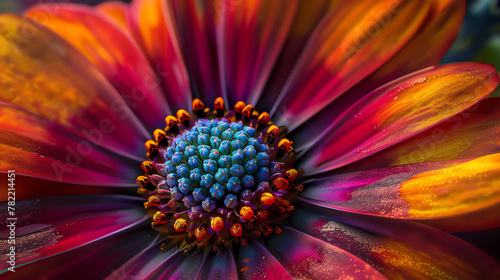 A macro image of a Gerbera daisy in red, orange, yellow, purple, and blue.