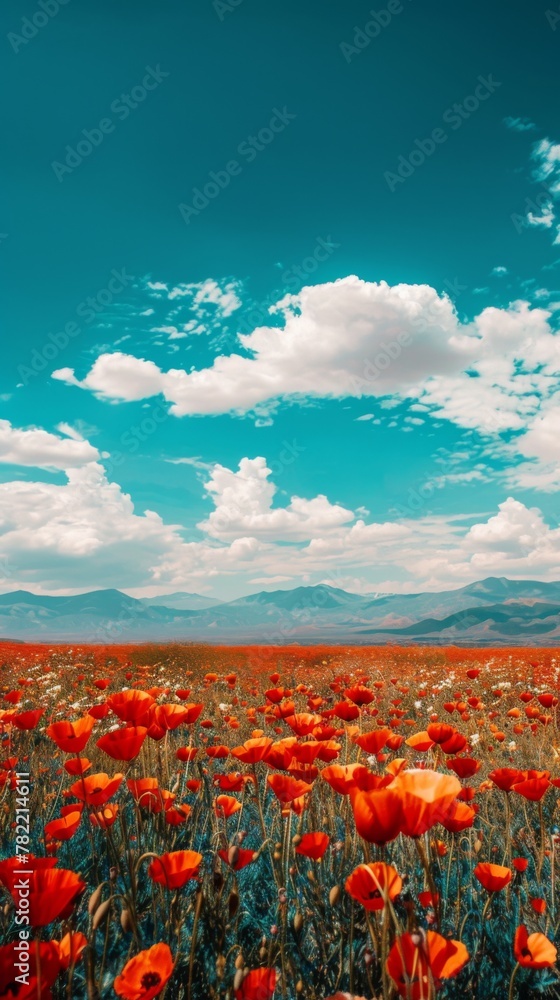 springtime scene showcasing a vibrant field of poppies in shades of red, orange, and gold, stretching to the horizon beneath a clear blue sky
