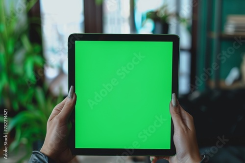 Device screen seen from a shoulder of a adult woman holding an ebook with a completely green screen