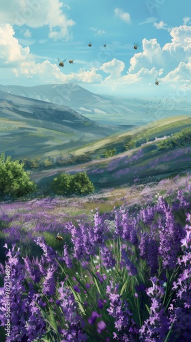 spring background featuring a sun-drenched meadow filled with blooming lavender bushes and buzzing bees. The distant hills are a soft shade of green