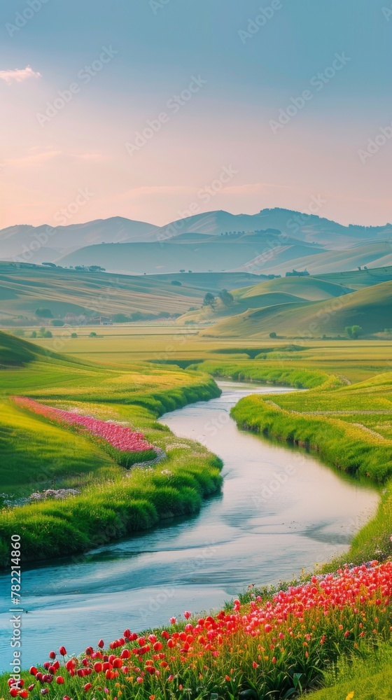 spring background featuring a tranquil river winding through a lush green valley, with colorful tulip fields stretching to the horizon on either side