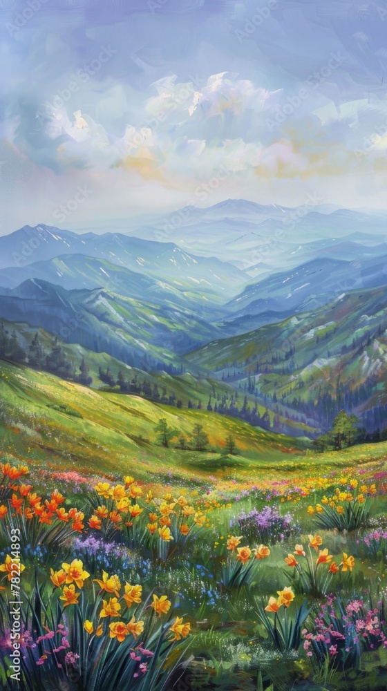 Obraz premium spring background featuring rolling hillsides blanketed in a carpet of golden daffodils and tulips in shades of yellow, orange, and red