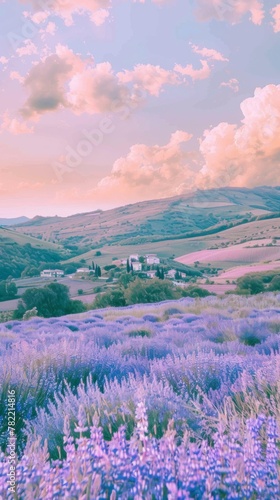 springtime landscape showcasing a quaint village nestled among rolling green hills, with fields of vibrant wildflowers in shades of purple, blue, and yellow