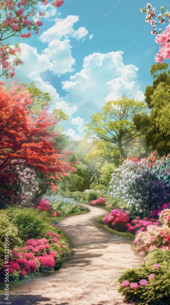 springtime scene set in a lush botanical garden, with winding pathways lined with vibrant azaleas and rhododendrons in shades of coral, magenta, and fuchsia springtime scene set in a lush botanical garden, with winding pathways lined with vibrant azaleas and rhododendrons in shades of coral, magenta, and fuchsia