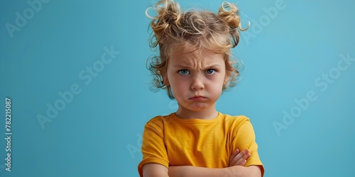 Sulky Child Character with Puffed Cheeks and Brooding Bubble on Teal Background photo
