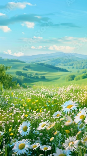 spring background featuring a lush green meadow dotted with delicate white daisies and vibrant yellow buttercups