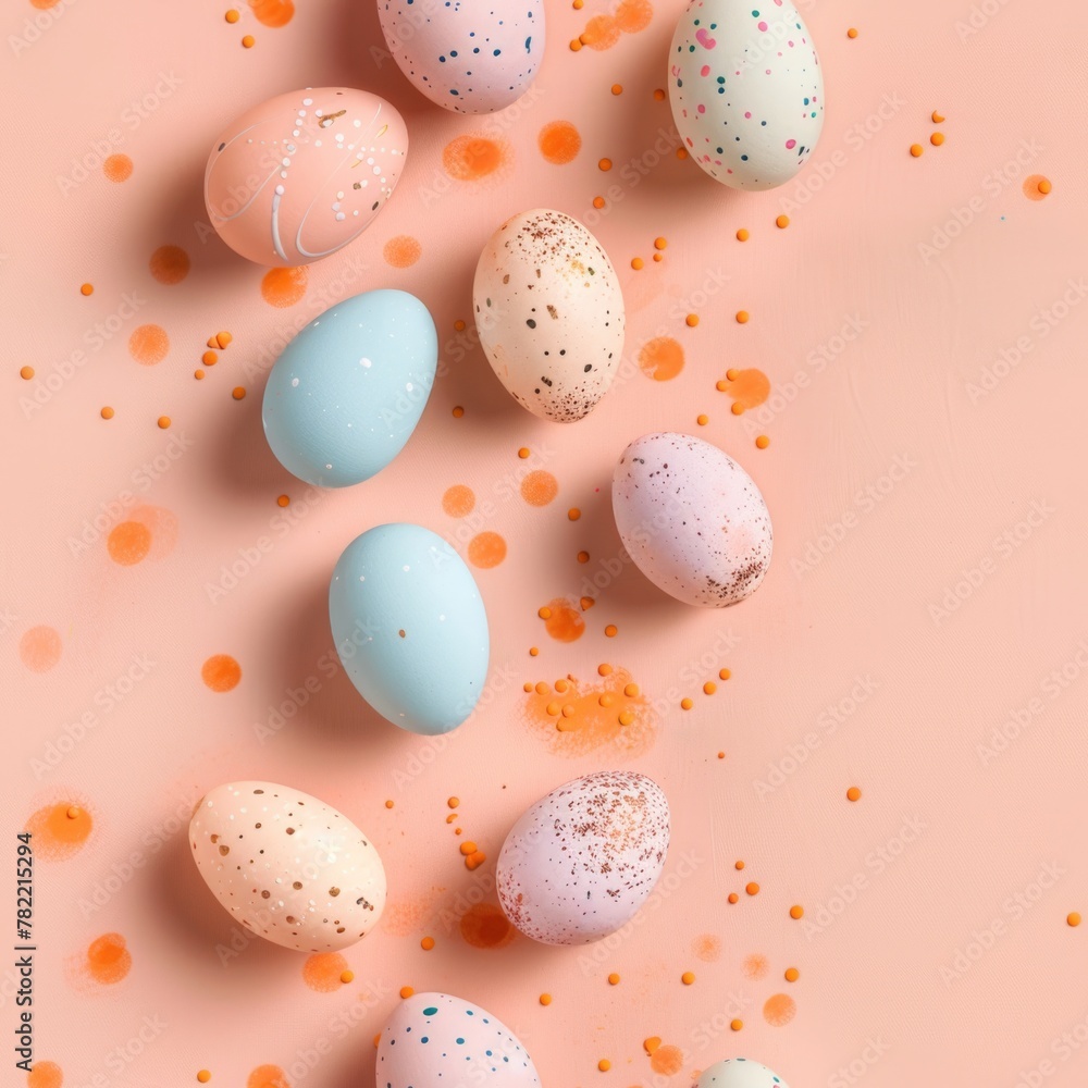 Brightly colored Easter eggs with sprinkles on a pink background. Perfect for Easter holiday designs