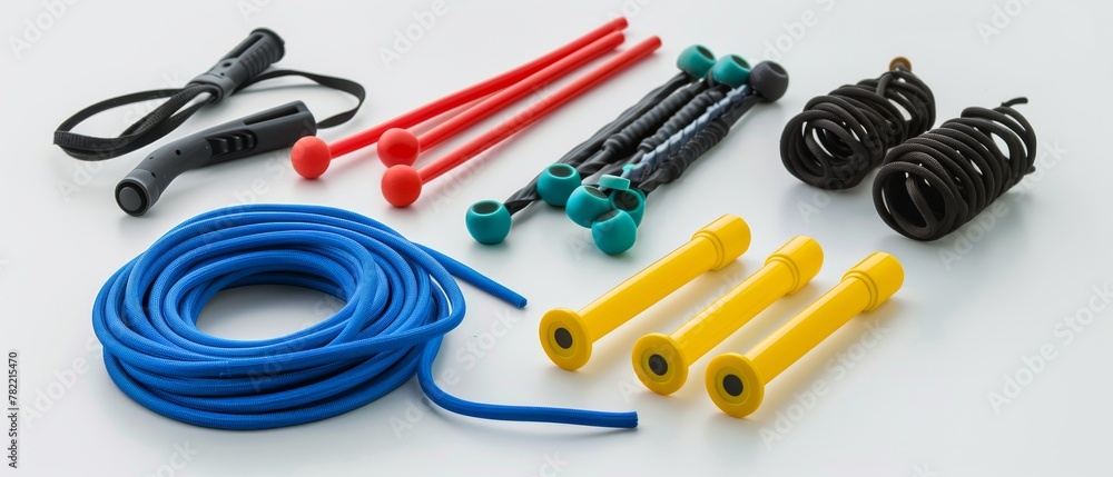 Sporting goods with a skipping rope on a white background