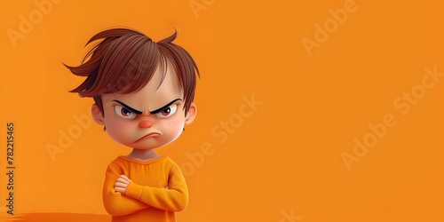 Furious and Frustrated Child Character with Furrowed brows Experiencing a Tempest of tantrum Against Orange Background with Copy Space photo