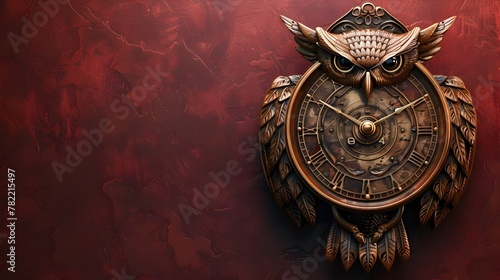 Regal Owl-Shaped Antique Bronze Wall Clock Adorning a Burgundy-Hued Backdrop photo