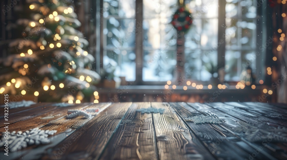 Festive Christmas tree on rustic wooden table, perfect for holiday designs