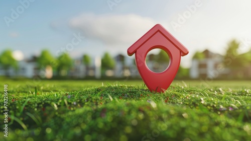 House symbol with location pin icon on earth and green grass in real estate sale or property investment concept
