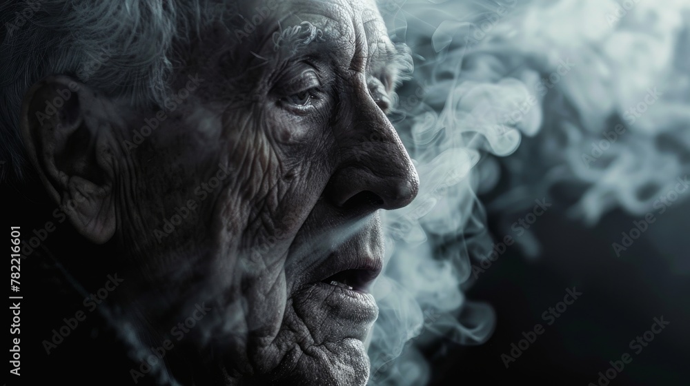 Portrait Old man and smoke from smoking of a man at risk of lung cancer.