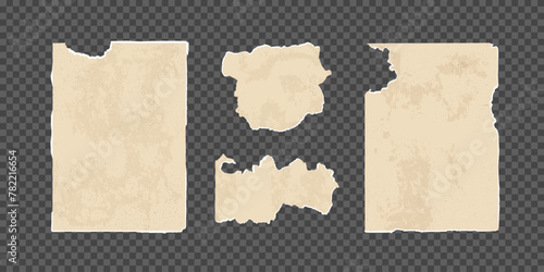 set of old torn paper isolated on a transparent background. Scraps of pages. Sheets with torn edges and scuffs. Vector illustration