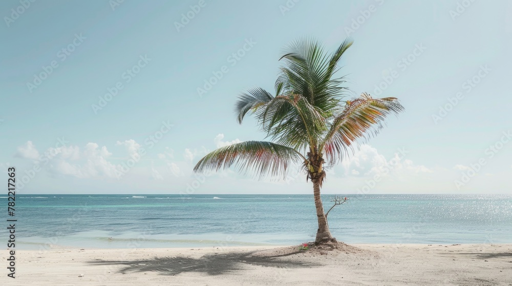 Fototapeta premium A lone palm tree standing on a sandy beach with the ocean in the background. Ideal for travel and vacation concepts