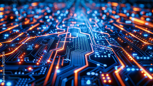 Dark Cybernetic Circuit Board, Abstract Technology and Communication Network, Futuristic Background