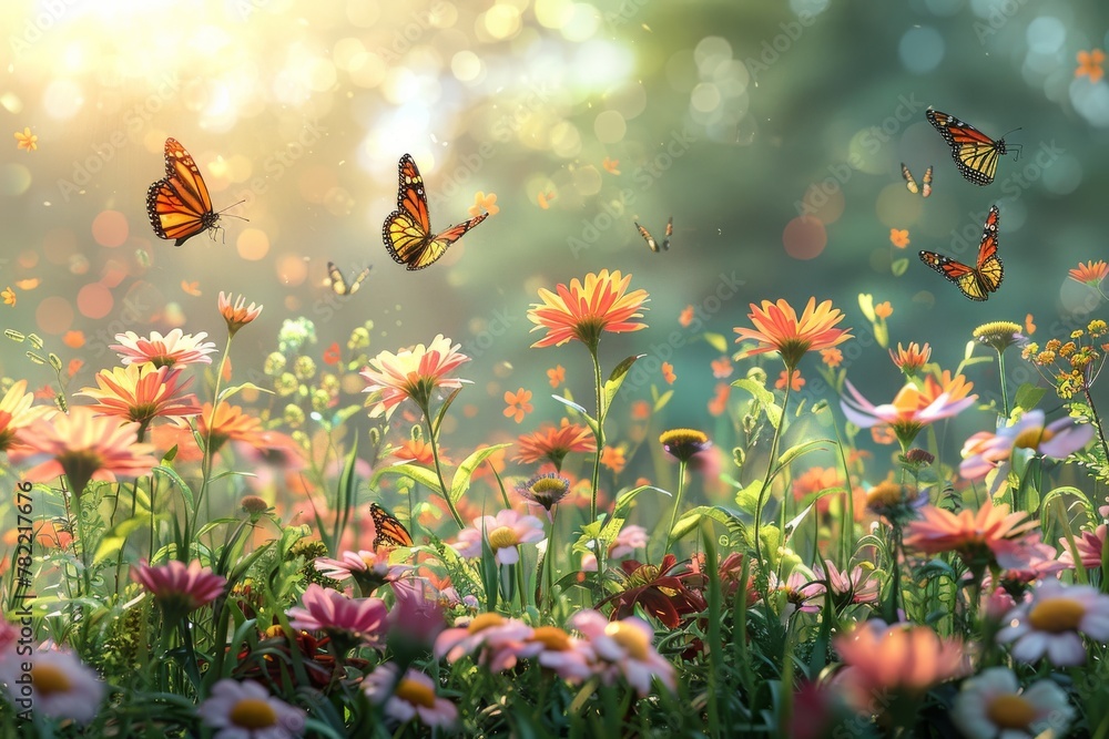 A butterfly is flying in a field of flowers