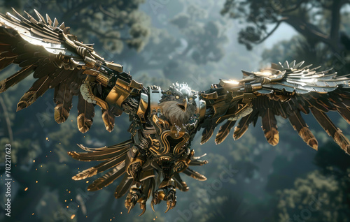 A mechanical eagle with golden feathers, soaring in the sky, has an extremely delicate and complex structure, full of high-tech future elements