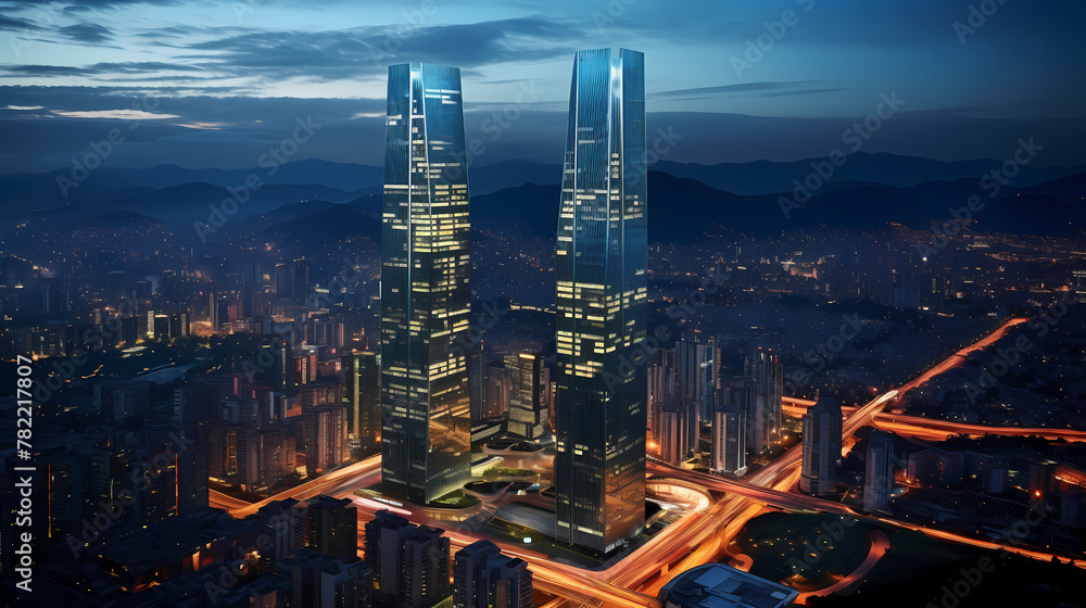 Fototapeta premium Night view of modern city commercial office building