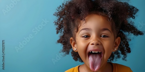 Spirited Young Girl Sticking Out Tongue in Playful Defiance Vibrant Blue Background