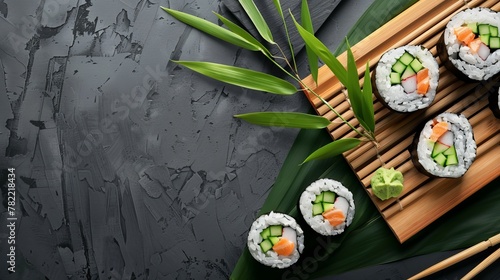 Rolls of sushi on wooden board with leeks and logo on black sign