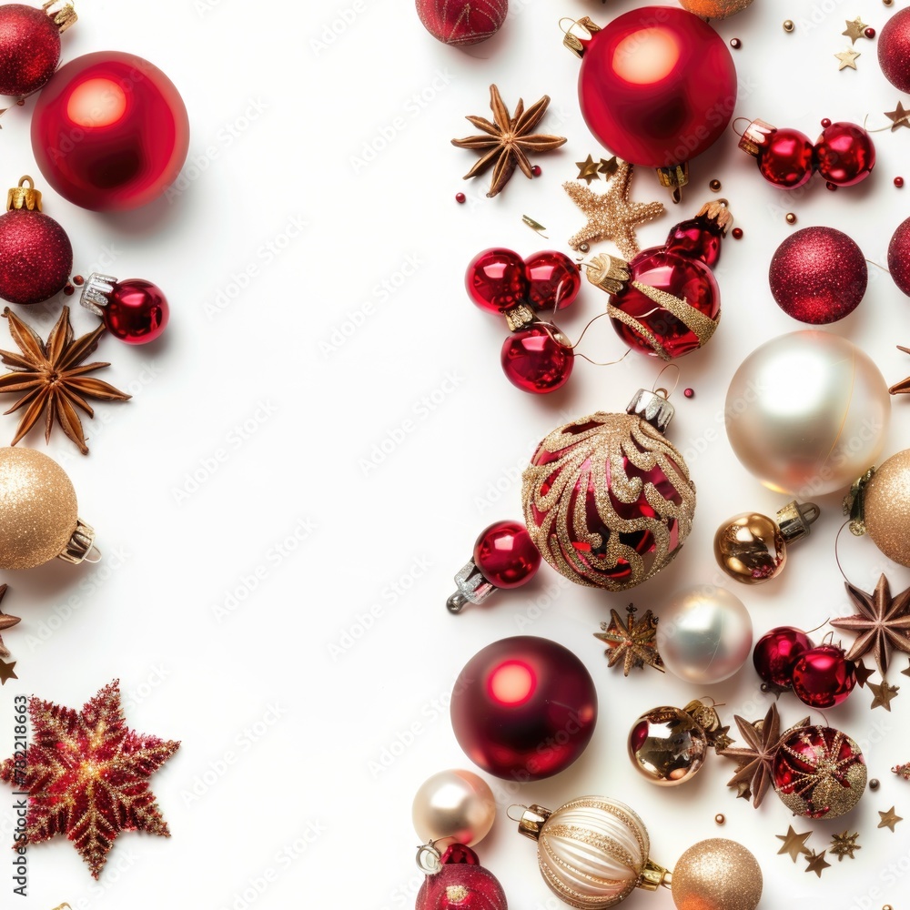Festive red and gold Christmas ornaments on a white background. Perfect for holiday designs Festive red and gold Christmas ornaments on a white background. Perfect for holiday designs