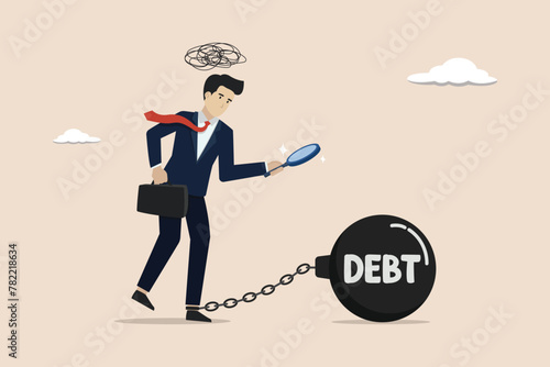 Sad businessman with large debts, dizzy thinking about large debts, company debt concept, vector illustration of businessman looking for a way to pay off large debts using a magnifying glass.