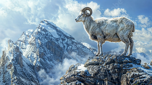 A dall sheep standing on the peak of a mountain landscape photo