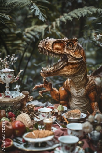 Toy T-Rex sitting at a table full of food. Great for children's party invitations