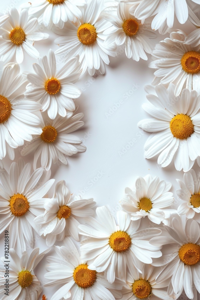 A heart made out of daisies on a white surface. Suitable for various romantic and love-themed projects A heart made out of daisies on a white surface. Suitable for various romantic and love-themed projects