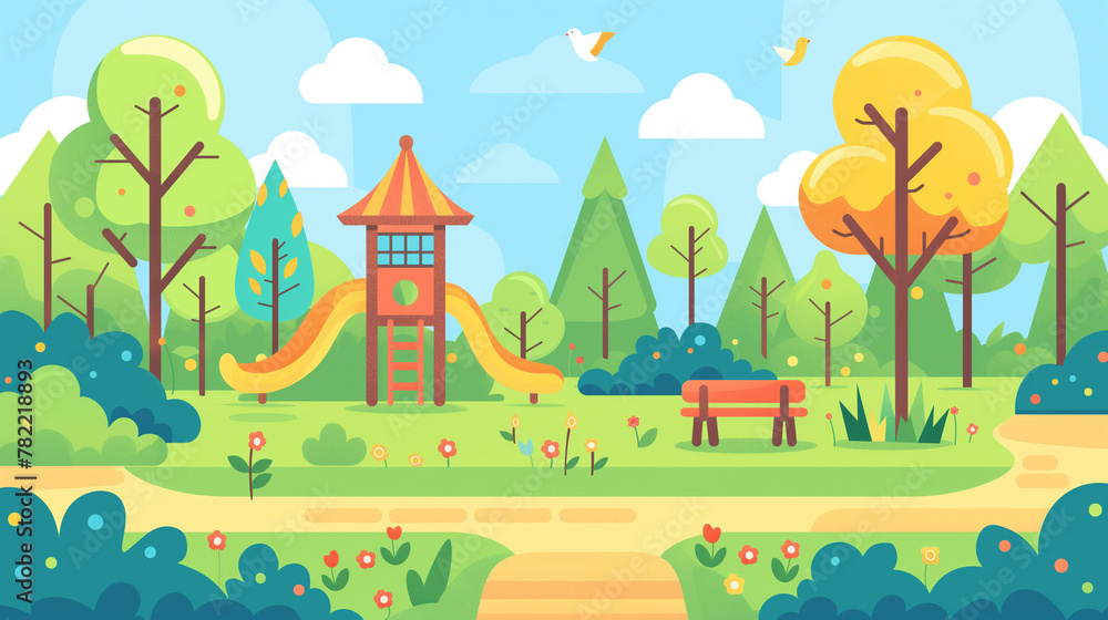Fototapeta premium ark with children's games in spring, with lots of nature. flat design style.