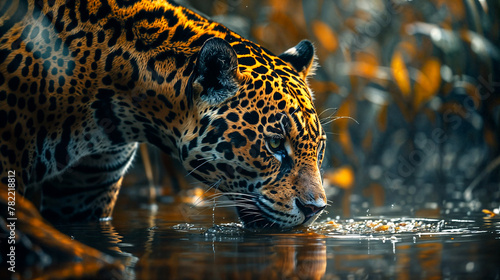 A jaguar is drinking water in the jungle