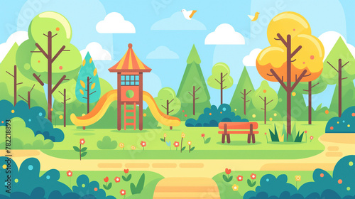 ark with children s games in spring  with lots of nature. flat design style.