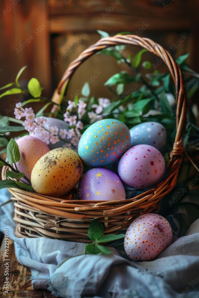Naklejka premium A basket filled with colorful Easter eggs. Perfect for Easter celebrations