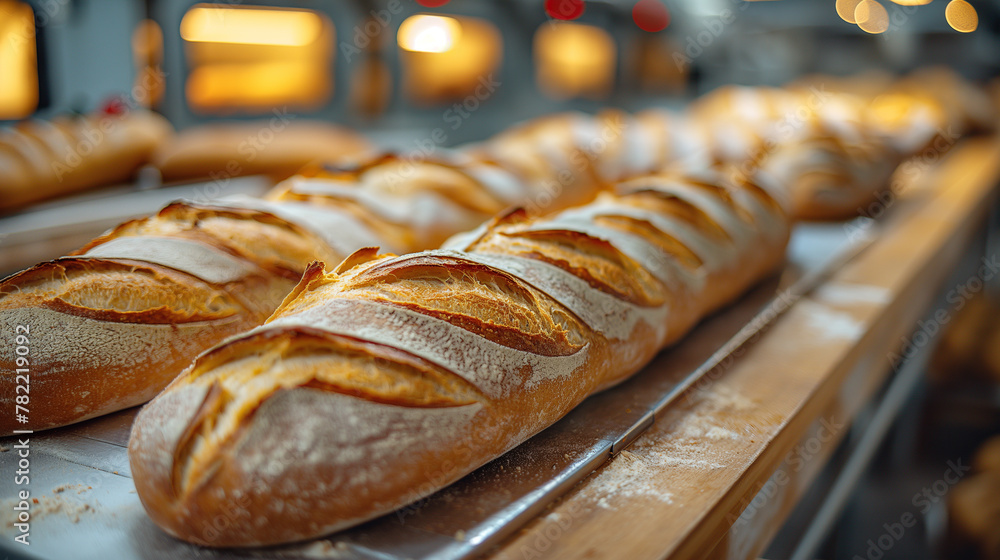 Bread on a conveyor belt in a bread factory.