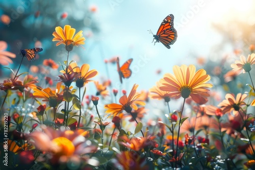 A butterfly is flying in a field of flowers