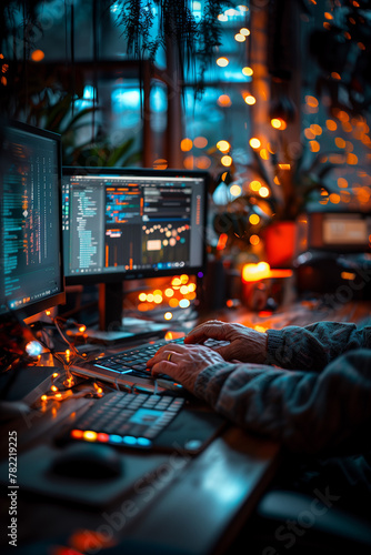 A close-up of a person's hands scrolling through an online course curriculum. a person is typing on a keyboard in front of two computer monitors