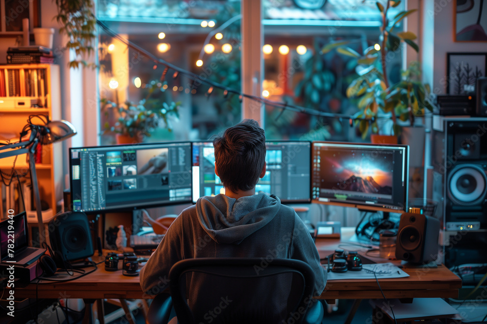 A person attending a remote workshop on remote work ergonomics and wellness. Man seated at desk with three computer monitors for fun event in city A person attending a remote workshop on remote work ergonomics and wellness. Man seated at desk with three computer monitors for fun event in city