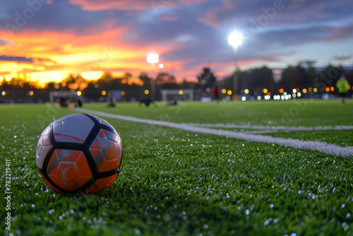 Soccer Ball on Field at Sunset with Vibrant Skies and Stadium Lights
