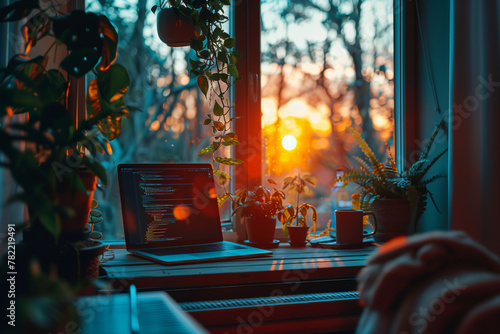 A person attending an online seminar on remote team building activities. A laptop rests on a windowsill with an orange sunset in the background photo