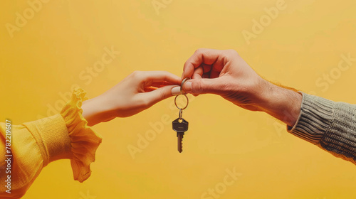 A young couple holds the keys to the house on an orange isolated background. photo