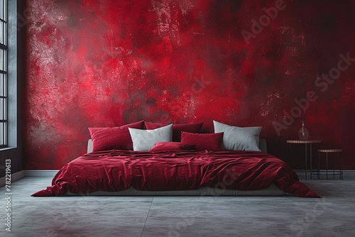 Burgundy Red Modern Bedroom: Deep Bed, Minimalist Furniture and Art