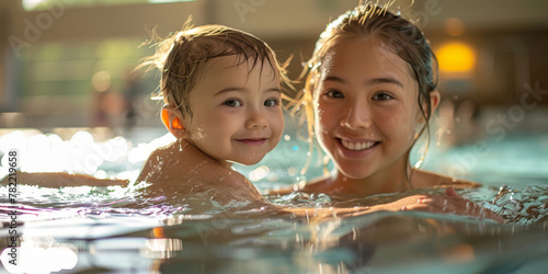 Joyful Swimming Lesson: Mother and Child Enjoying Pool Time Together