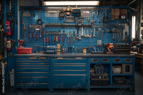 Organized Workshop with Tools Hanging on Pegboard