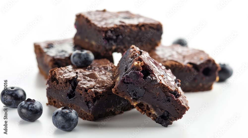 An isolated white background shows blueberry cheese brownies