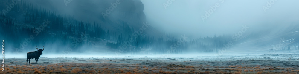 Majestic Elk in Misty Blue Mountain Landscape at Dawn