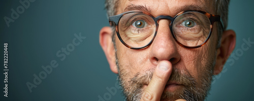 Close-up Portrait of Middle-Aged Man with Glasses Holding Finger to Lips in a Shushing Gesture photo