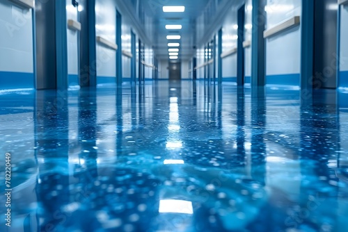 Spotless Hospital Hallway - Purity in Blue Tones. Concept Clean Environment, Hospital Aesthetics, Blue Color Scheme, Serene Atmosphere