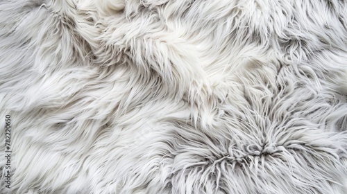 A large piece of goatskin fur carpet is covered the whole background with a close-up view of it in white and gray colors.