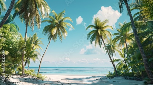 A serene tropical escape Summer palm trees sway gently over a pristine beach under a clear blue sky, embodying the ultimate vacation vibe